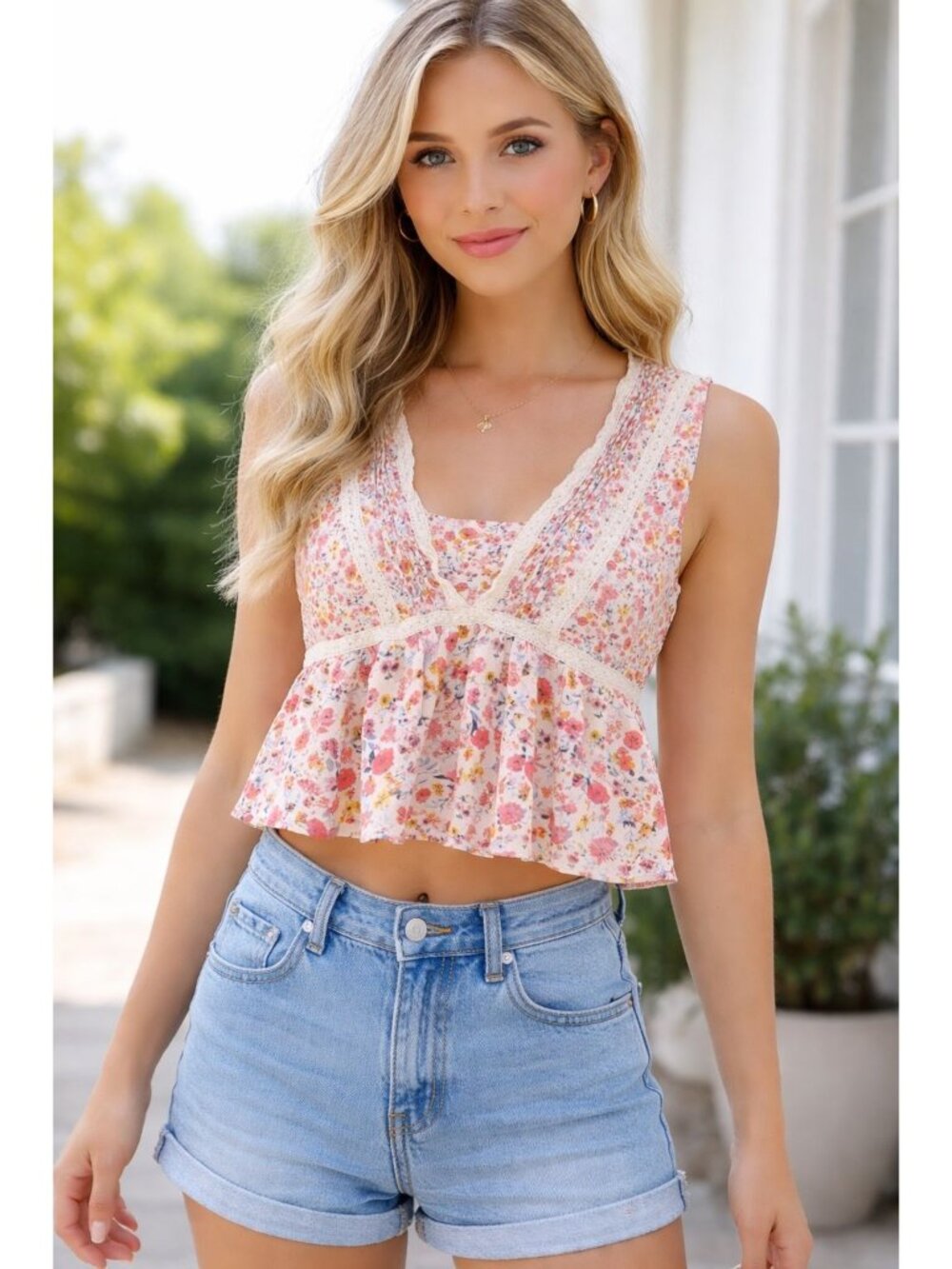 Blue Rain Floral Crop Top Tank Womens L Sleeveless Peplum Boho Lace Pink Orange
